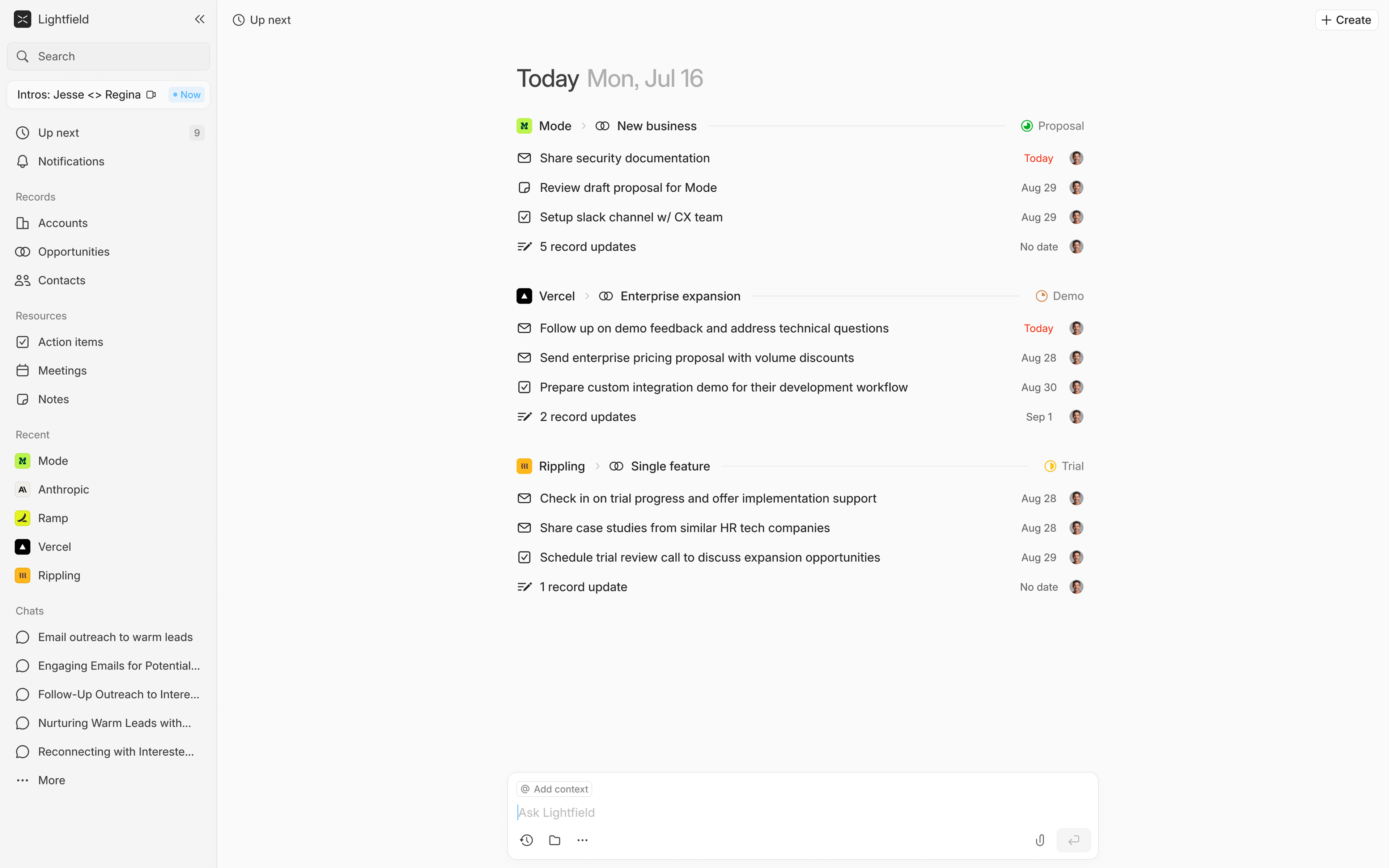 Lightfield CRM Dashboard showing customer interactions, workflows, and task management